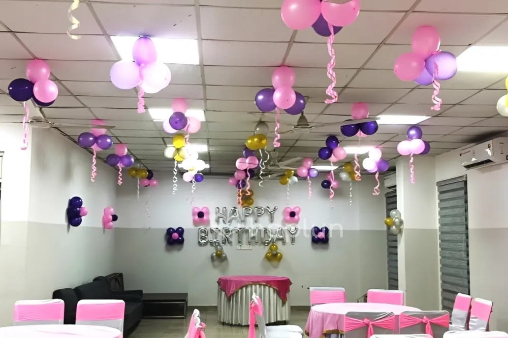 Happy Birthday Decor in Hall, Pink Silver Balloon Decoration