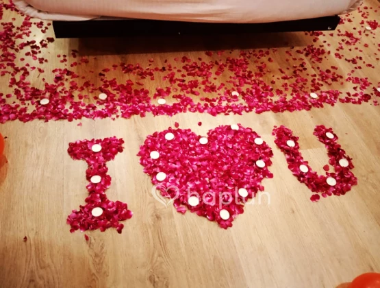 Valentine Balloon Decoration at Home with rose petals